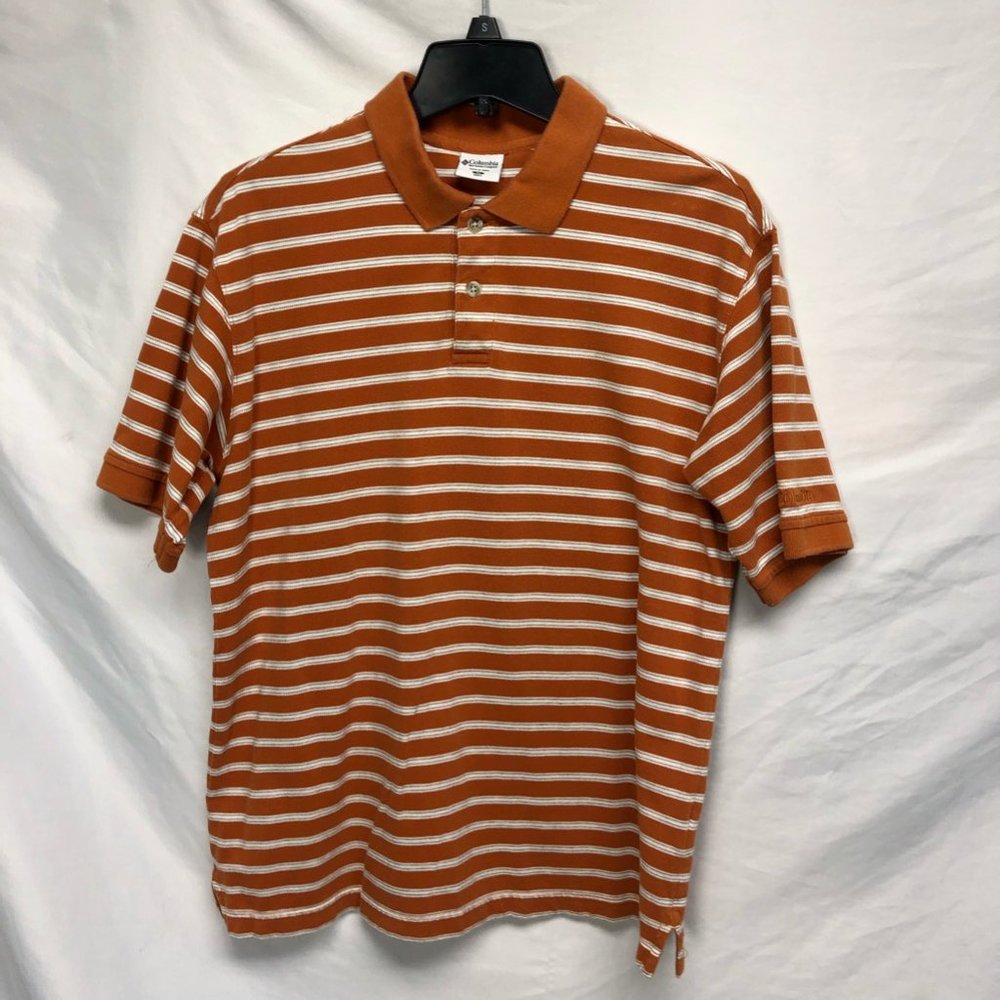 Columbia Mens Polo Shirt Brown White Striped Short Sleeve Collared 100% Cotton M
